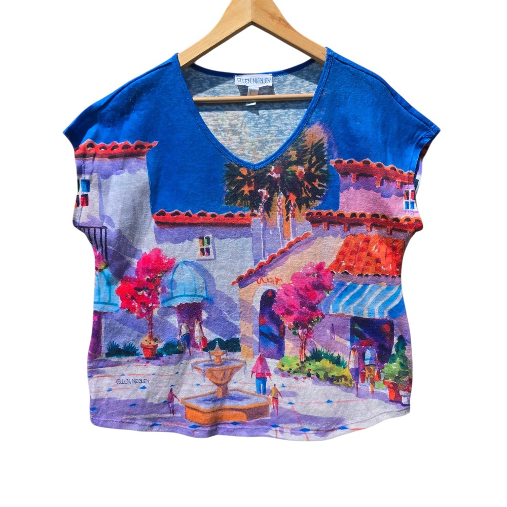 Ellen Negley -273‎ Art to Wear Top Watercolor Print Size Large Petite